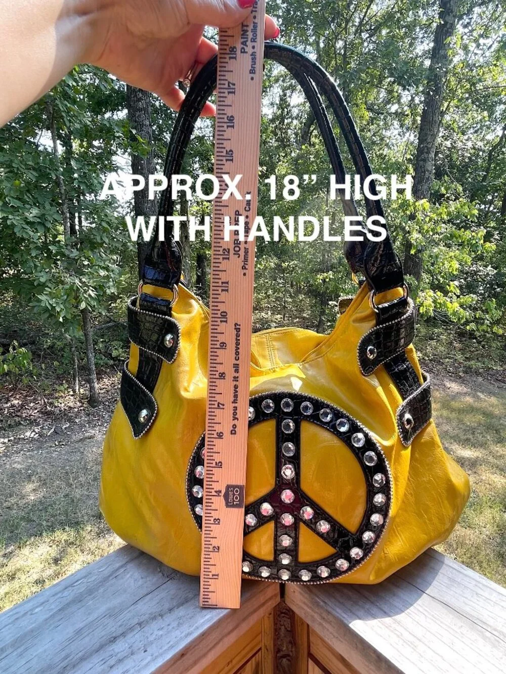 Y2K Boho Yellow Peace Sign Rhinestone Hobo Bag Festival Statement Purse